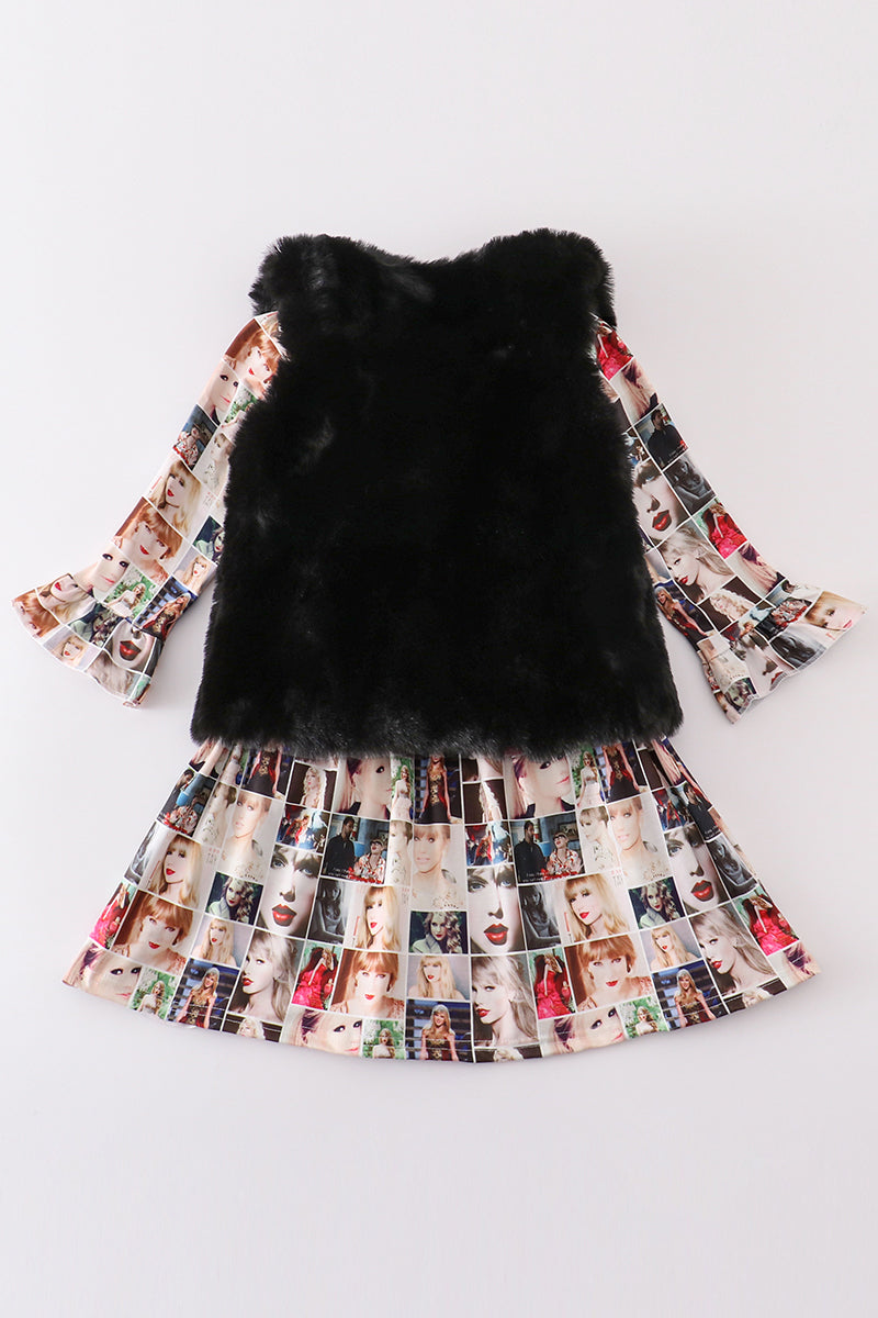 Fur vest music fan print dress set