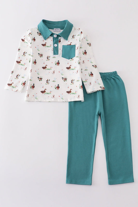 Green duck print boy set