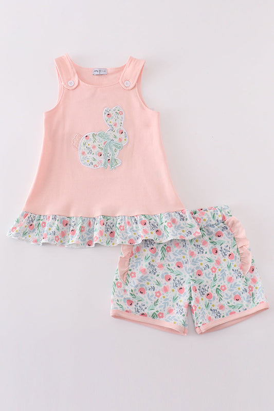 Pink floral bunny applique girl set