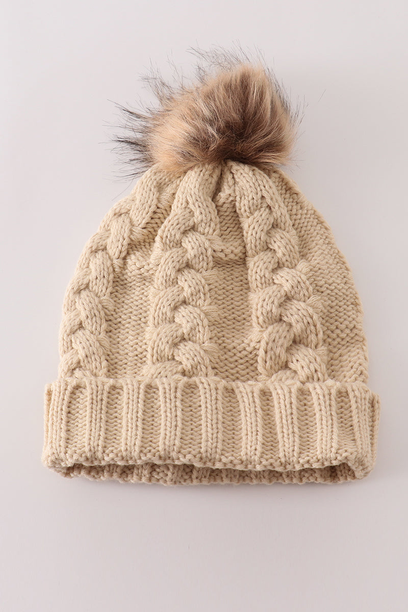 Beige pompom  cable beanie