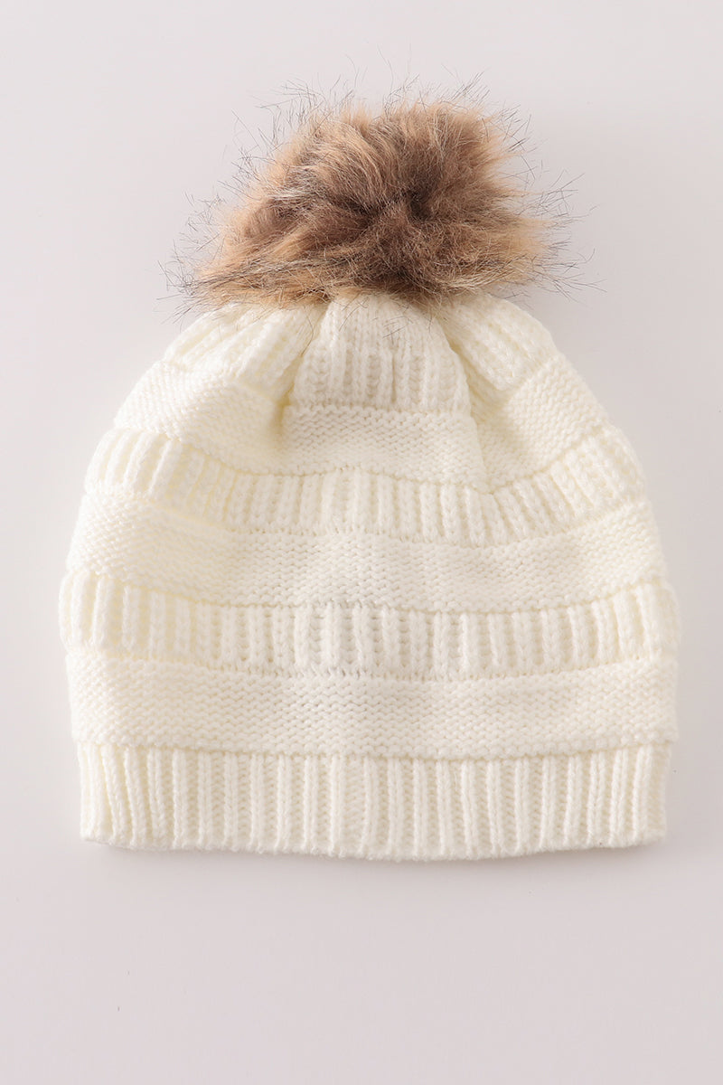 Ivory pompom cable beanie