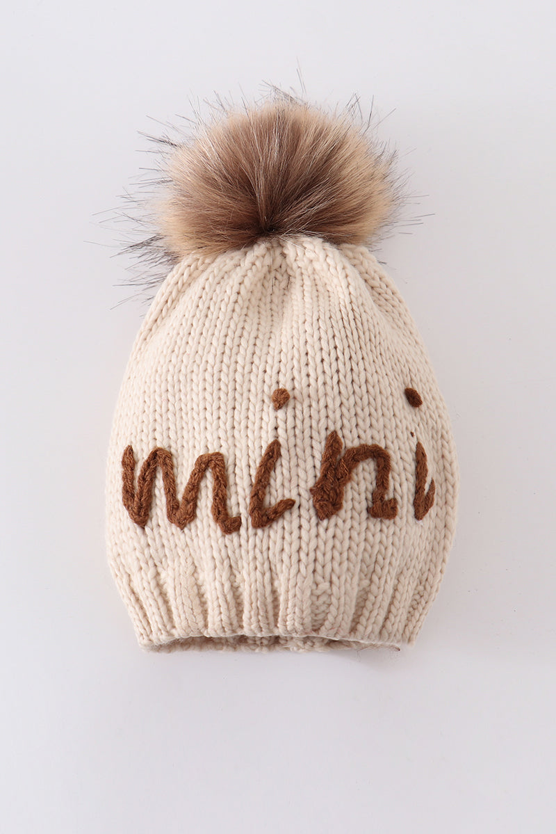 Hand embroidered pom pom beanie hat mommy&me