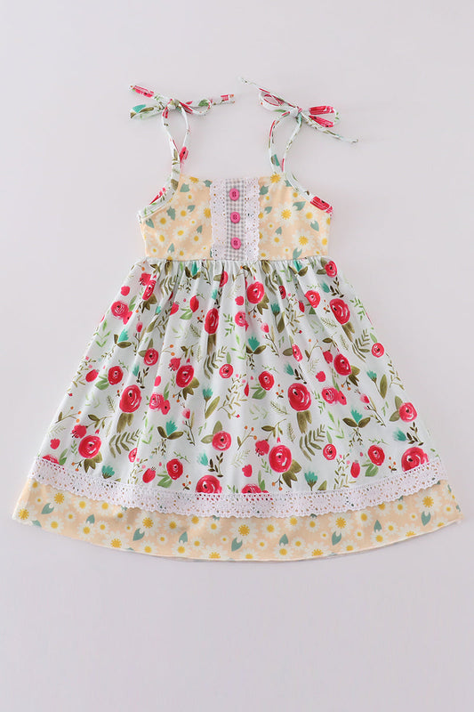 Daisy floral print lace girl ruffle dress