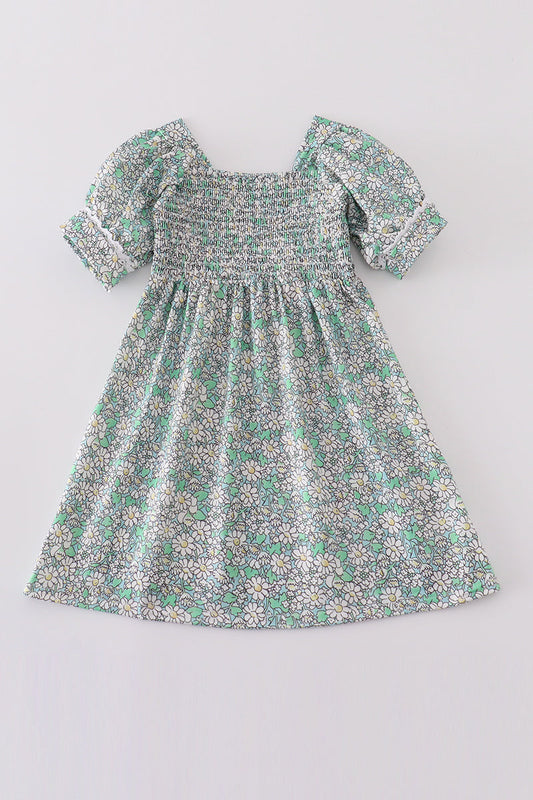 Green floral print smocked girl dress