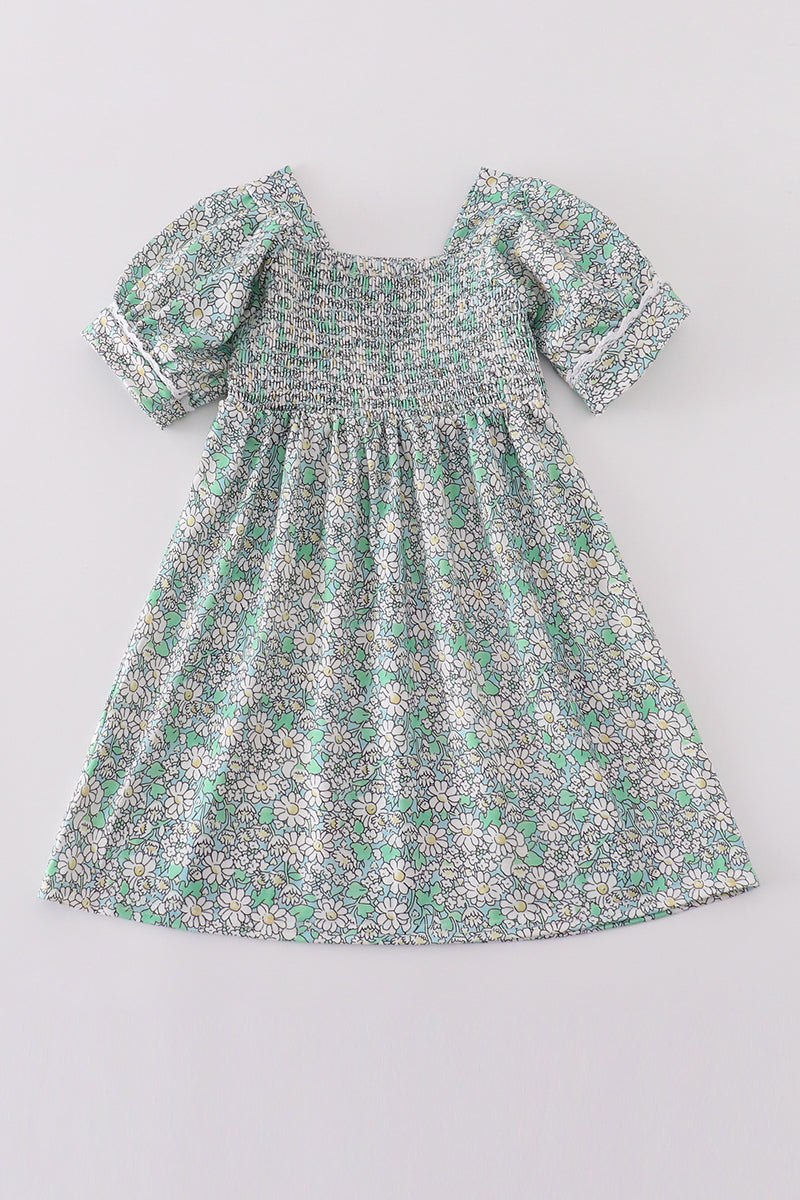 Green floral print smocked girl dress