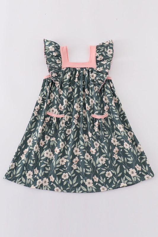 Green forest bloom print girl dress