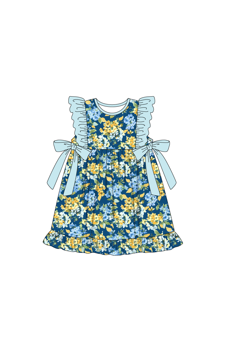 Golden meadow print ruffle girl dress