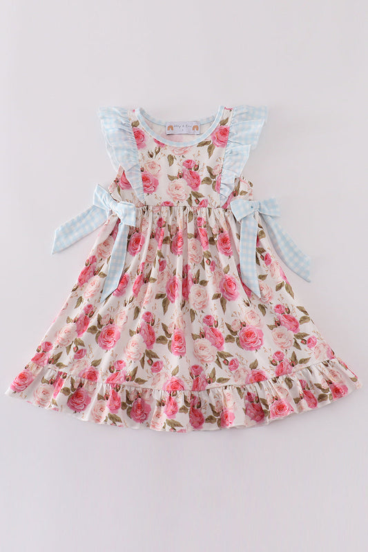 Pink floral print ruffle girl dress