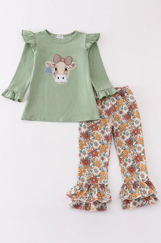 Green cow applique girl set