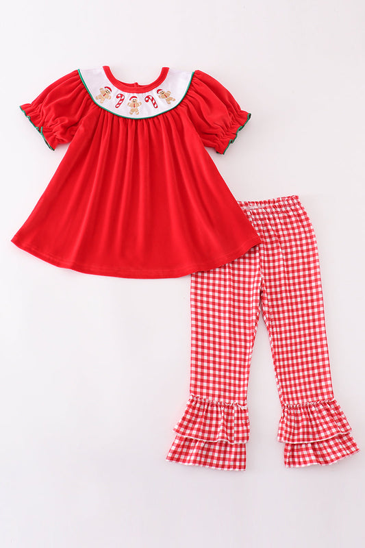 Red velvet christmas gingerbread embroidery girl bishop ruffle set