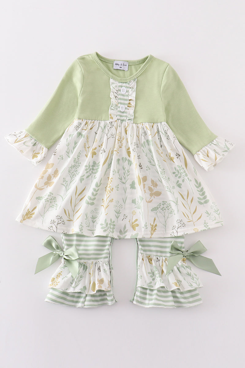 Green botanical girl romper