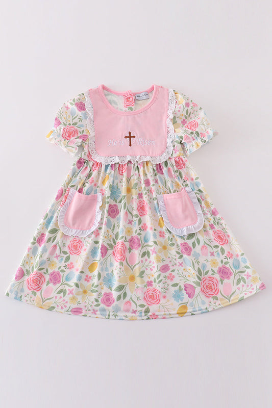 Pink floral he is risen cross embroidery dress