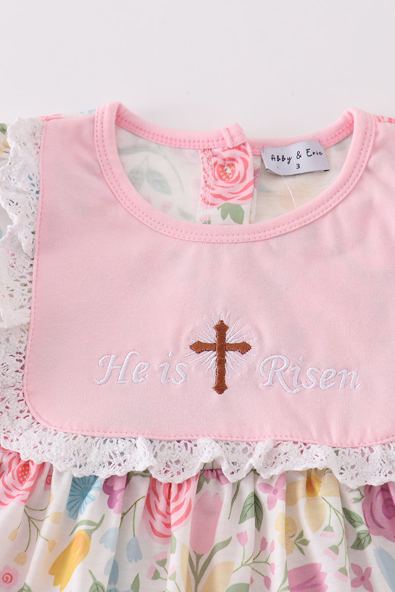 Pink floral he is risen cross embroidery dress