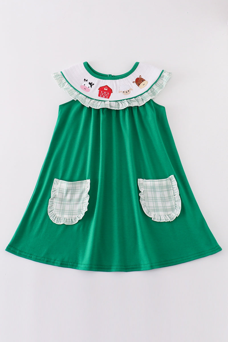 Green farm embroidery smocked girl dress