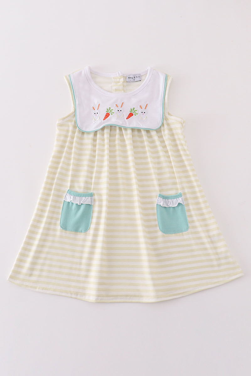 Easter stripe bunny embroidery girl dress