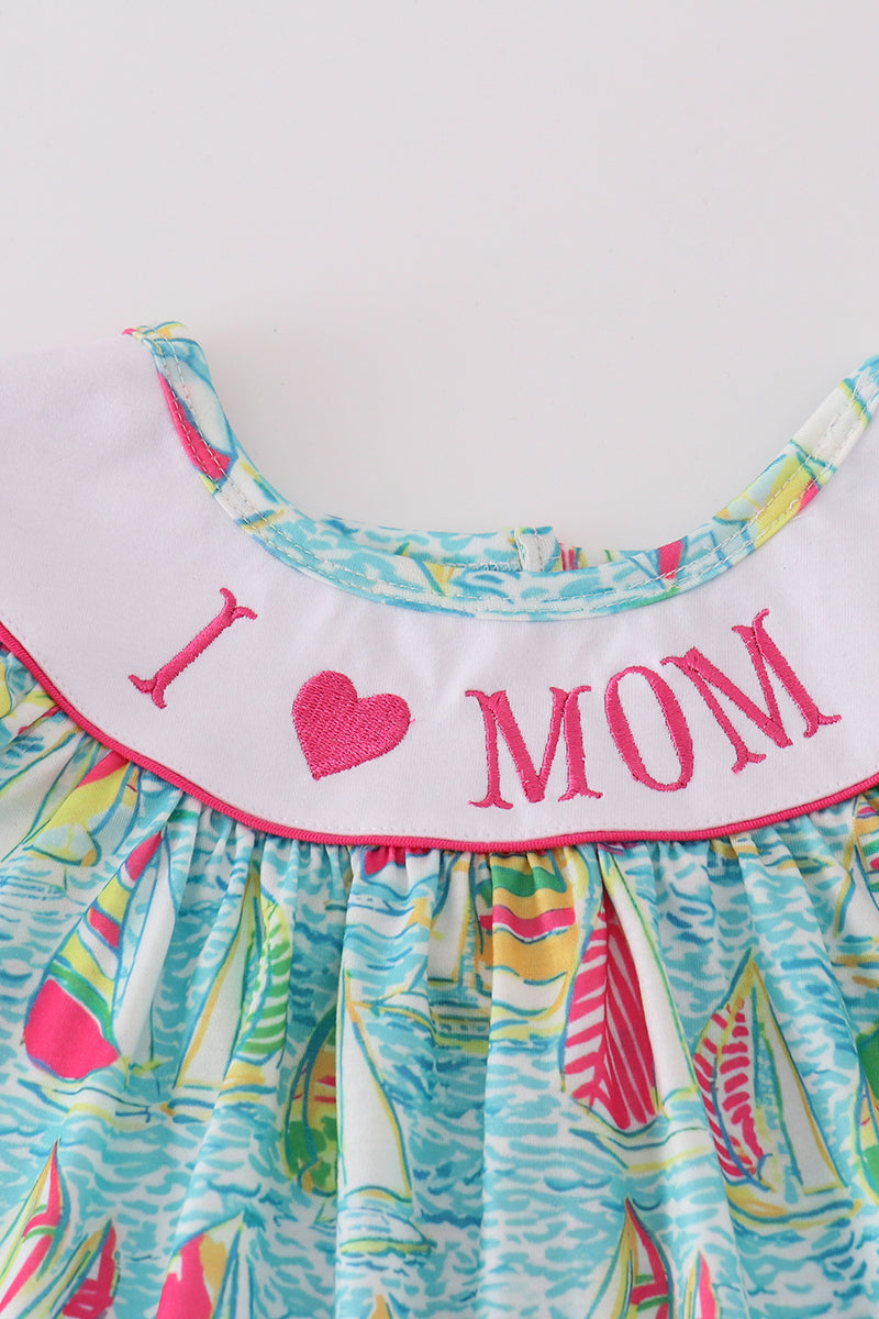 Green sailboat love I love MOM embroidery girl dress