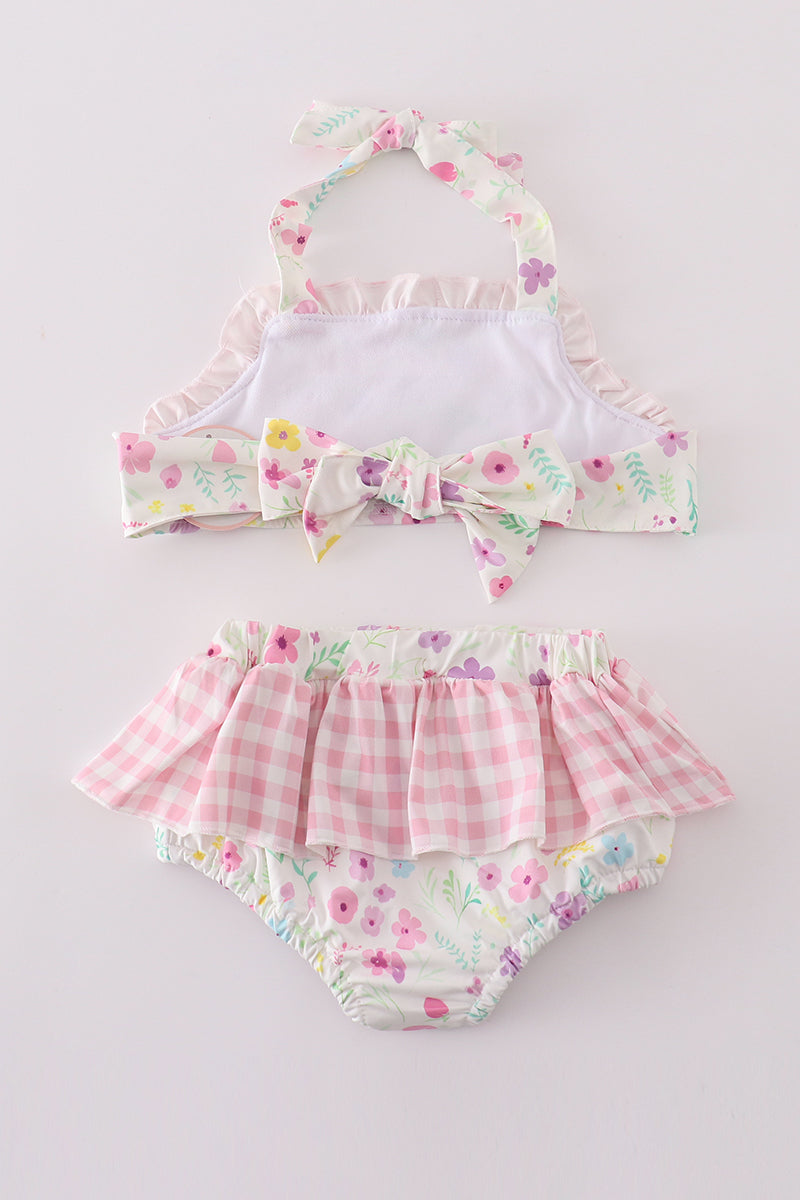 Pink floral mouse embroidery 2pc girl swimsuit