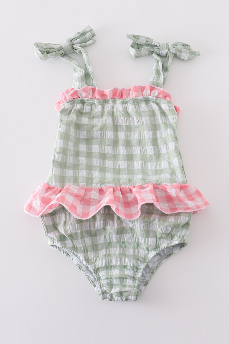 Green seersucker gingham one-piece girl swimsuit