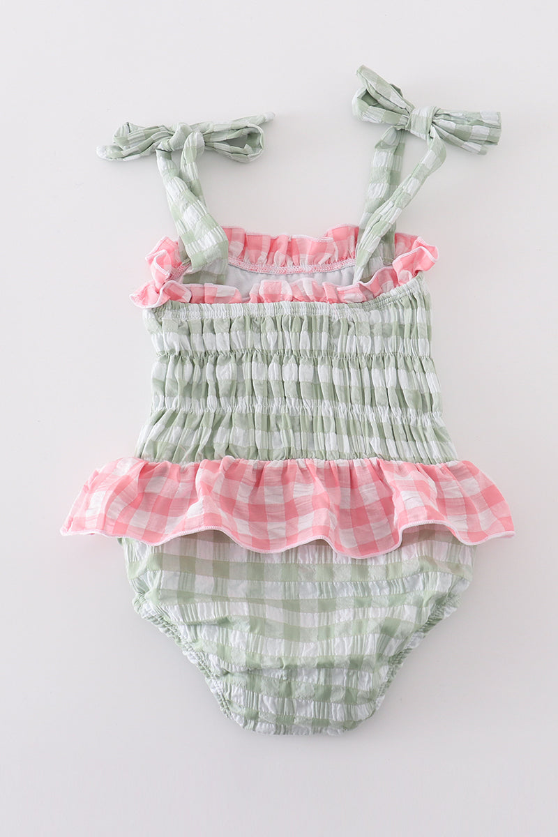 Green seersucker gingham one-piece girl swimsuit