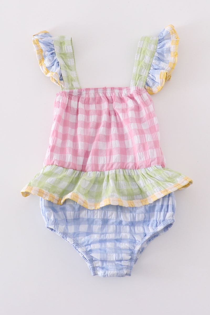 Multicolored gingham one-piece girl swimsuit